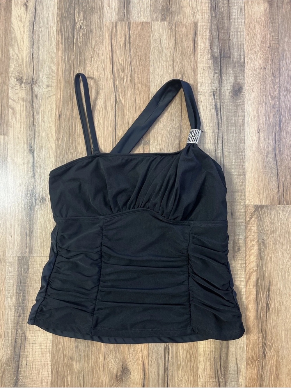 Catalina Black Ruched Asymmetric Strap Tankini Top Swimwear